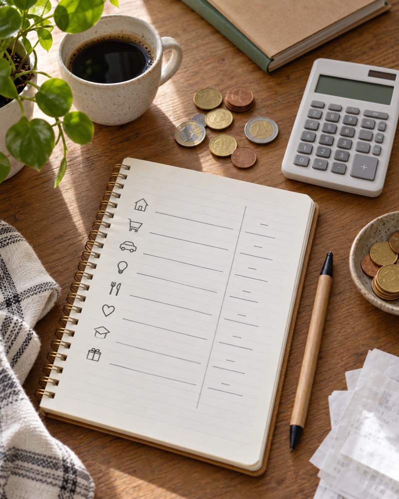 Carnet de budget, calculatrice et pièces en euros