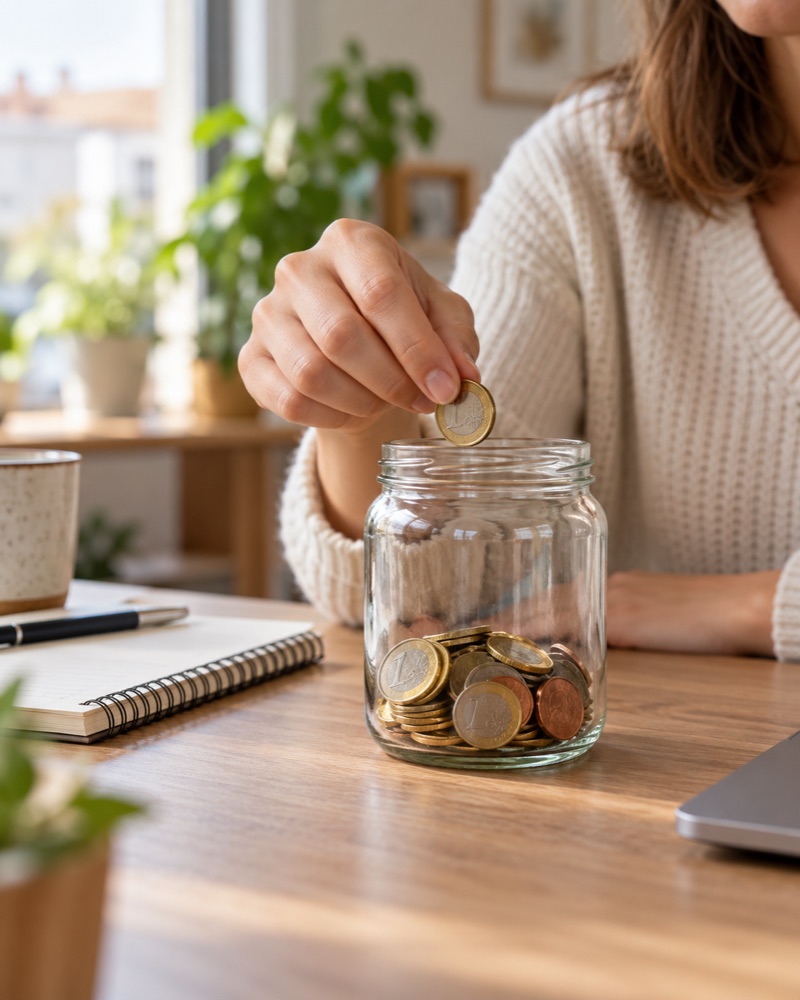 Pièces en euros placées dans un bocal d’épargne